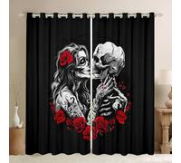 Homewish Gothic Couple Skull Window Curtains 66 x 72 Inch Skeleton Bones Blackout Curtains for Bedroom Living Room,Halloween Red Rose Flower Window Treatments Goth Style Drapes Decor 2 Panels