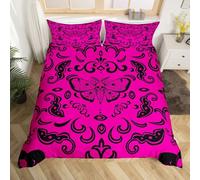 Homewish Gothic Death Moth Comforter Cover Single Hot Pink Black Damask Goth Bedding Set Boho Moth Skull Halloween Duvet Cover for Kids Girls Adults Retro Hippie Animal Floral Quilt Cover Zipper