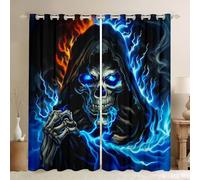 Homewish Gothic Flame Skull Window Drapes Skeleton Bones Blackout Curtains 66 x 90 Inch Halloween Style Curtains for Bedroom Living Room,Goth Blue Orange Window Treatments 2 Panels