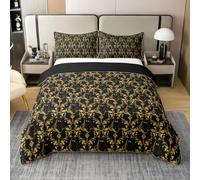 Homewish Gothic Halloween Ghost Gold Yellow Damask Double Duvet Cover for Young Boys | Victorian Coton Bedding Set Goth Vintage Floral Quilt Cover Bed Sets