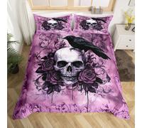 Homewish Gothic Halloween Skull Comforter Cover Single Purple Sugar Skull Bedding Set Goth Bones Skeleton Duvet Cover For Kids Boys Girls,Crow Rose Flower Bed Set