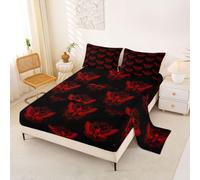 Homewish Gothic Moth Bed Sheets Double Bohemia Damask Sheet Set red and black Boho Bedding Set - Vintage Victorian Baroque Floral Fitted Flat Sheets 4 Piece