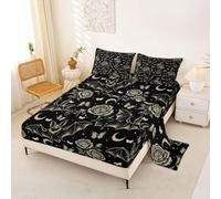 Homewish Gothic Rose Bats Bedding Set Single Sketch Flowers Moon Goth Bed Sheets Rural Butterfly Aesthetic Sheet Set - Black Bat Halloween Fitted Top Sheets 3 Piece