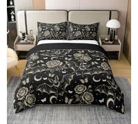 Homewish Gothic Rose Bats King Size Bedding Sets with 2 Pillowcases - Sketch Flowers Moon Goth Cotton Duvet Cover Rural Butterfly Aesthetic Quilt Cover Black Bat Halloween Bed Set