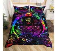 Homewish Gothic Skull Bedding Set Double Bohemian Skeleton Comforter Cover Neon Glowing Colored Duvet Cover Psychedelic Constellations Quilt Cover Hippie Celestial Decor Black,Breathable