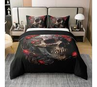 Homewish Gothic Skull Bedding Set Double Flower Skull 100% Cotton Duvet Cover Halloween Theme Quilt Cover For Kids Boys Girls Adults Skeleton Bones Bed Set 3 Pcs