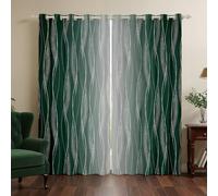 Homewish Gradient Green Grey Curtains Drapes 66" Wx90 L Blackish Green Greyish White Ombre Curtains Geometric Striped Window Curtains Aesthetics Silver Wavy Line Curtains 2 Panels Room Decor