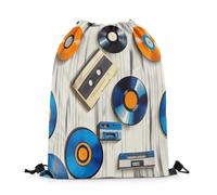 Homewish Gramophone Records Drawstring Backpack 33 x 40 cm for Sport,Old Audio Cassettes Drawstring Bags for Trip,Musical Radio Draw String Back Bag,White Wooden Plank String Backpack