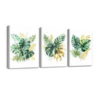 Homewish Green Botanical Leaves Wall Decor Tropical Palm Leaf Canvas Wall Art 40x30cmx3Pcs Gold Leave Poster Paintings Watercolor Floral Pictures For Living Room