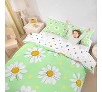 Homewish Green Floral Cot Quilt Cover Daisy Theme Plants Floral Bedding Set Rustic Botanical Green Daisy Duvet Cover For Kids Boys Girls,Cute Watercolor Flowers Bed Set
