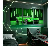 Homewish Green Neon Lights Race Wall Decorations Racing Car Vehicle Framed Wall Art for Living Room 40x30cmx3Pcs,Sports Extreme Sport Picture Decor