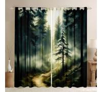 Homewish Green Smoky Mountain Forest Window Curtains 66 x 72 Inch 2 Panel Sets - Misty Forest Rustic Pine Tree Blackout Curtains Foggy Woodland Plants Window Treatments Drapes Watercolor Theme