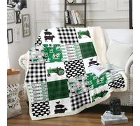 Homewish Green Tractor Blanket for Sofa Couch Bed,Construction Truck Throw Blanket Milk Cow Print Rustic Farm Animal Fleece Blanket,Buffalo Plaid Decor Vehicle Car Sherpa Blanket 50"x60"
