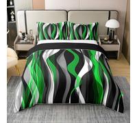 Homewish Green Waves Cotton Duvet Cover Single Size Striped Bedding Set for Kids Girls Boys Modern Abstract Quilt Cover Black Simple Minimalist Art Bed Set Contemporary Geometric, 1 Pillowcase