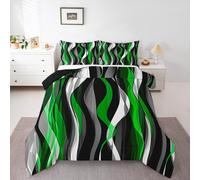 Homewish Green Waves Duvet Set Double Size Striped Bedding Set for Kids Boys Girls Modern Abstract Comforter Black Simple Minimalist Art Quilt Contemporary Geometric Bedroom Decor