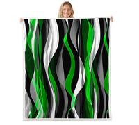 Homewish Green Waves Fleece Blanket Queen 229x229cm Striped Warm Plush Sherpa Blanket Modern Abstract Fuzzy Plush Throw Black Simple Minimalist Art Room Decor Contemporary Geometric