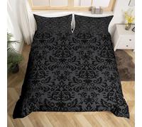 Homewish Grey Black Damask Double Duvet Cover Sets for Kids Teens Adults, Vintage Royal Baroque Bedding & Linen, Victorian Classical Florals Bedding Set with Pillowcases, Ultra Soft, Gray