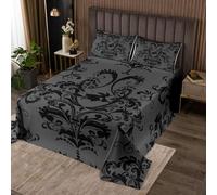 Homewish Grey Damask Bedspread King Witch Gothic Quilt Set Vintage Boho Floral Coverlet Set for Kids Adults,Antique Victorian Bedding Quilted Room Decor Aesthetic