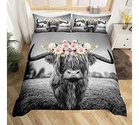 Homewish Grey Highland Cow Duvet Cover Single Kids Rose Floral Bull Cattle Bedding Set For Girls Teens Cute Western Funny Wildlife Animal Comforter Cover Farmhouse Room Decor Duvet Cover