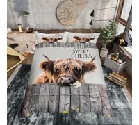 Homewish Grey Highland Cow King Size Duvet Cover Set - Rustic Farmhouse Bedding with Wood Grain Design Woodland Cabin Decor - Scottish Hairy Coo Farmhouse Style Bed Sets Gift for Men Women