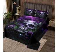 Homewish Grey Purple Rose Black Sugar Skull Coverlet Set Double Floral Bedspread Gothic Valentine Quilt Set,Flowers Women Warm Soft Bedclothes Bedding Quilted