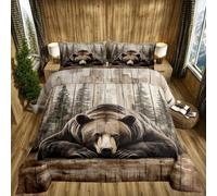 Homewish Grizzly Bear Double Duvet Cover Set Cabin Bedding Black Reversible - Brown Rustic Farmhouse Quilt Cover Woodland Wild Animal Design - Western Country Bed Set for Kids Teens Adults