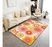 Homewish Groovy Flower Area Rug 100x150cm - Hippie Funky Flower Living Room Rugs for Kids Boys Girls Bedroom - Red Yellow Vintage Floral Carpet Runner Non Slip - Cartoon Art Beside Carpet