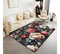 Homewish Groovy Flower Floral Area Rug 150x200 cm Peony Carpet Garden Petals Pastoral Plant Indoor Floor Mat Vintage Peony Petals Decorative Washable Rug,Red Green