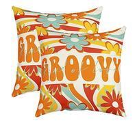 Homewish Groovy Flower Pillow Covers 18x18 set of 2,Vintage Orange Graffiti Flowers Square Pillow Cases,1970 1960 Retro Party Decorations Cushion Cases,Boho Floral Party Accent Pillow Cases