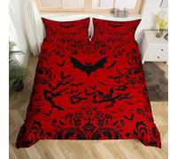 Homewish Halloween Bat Bedding Set for Kids Boys Super King,Red Black Gothic Comforter Cover for Teen Men Room Decor Goth Damask Bats Duvet Cover Halloween Animal Bed Set Zipper 3 Pcs