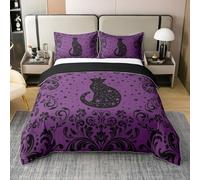 Homewish Halloween Bedding Set Black Cat Comforter Cover for Girls Women Lady,Adults Purple Damask Duvet Cover Single Hippie Starry Sky Bedspread Cover Bedroom Decor,1 Pillowcase