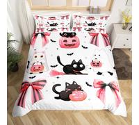 Homewish Halloween Bowknot Duvet Cover Single Halloween Pumpkin Ghost Bat Quilt Cover for kids Boys Girls Pink Coquette Bows Bedding Set Kawaii Spooky Black Cat Quilt Cover Cartoon Style Decor