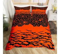 Homewish Halloween Burnt Orange Bedding Set King,Gothic Spider Web Duvet Cover for Teens Kids,Trippy Bats Wildlife Birds Bedspread Cover,Reversible Halloween Decorations Comforter Cover