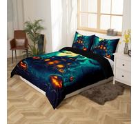 Homewish Halloween Castle Single Bedding Set Gothic Halloween Duvet Cover Horror Bats Pumpkin Quilt Cover For Kids Boys Girls,Moon Night Sky Bed Sets