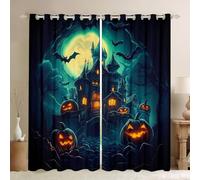 Homewish Halloween Castle Window Curtains 46 x 72 Inch 2 Panel Sets - Gothic Halloween Blackout Curtains Horror Bats Pumpkin Window Treatments Drapes For Kids Boys Girls,Moon Night Sky for Bedroom