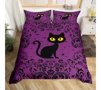 Homewish Halloween Cat Comforter Cover King Purple Black Goth Bedding Sets Retro Damask Flower Cat Duvet Cover for Teen Girls Adults Women Gothic Spider Bats Animal Bed Set Halloween Decor