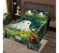 Homewish Halloween Coverlet Set Double Ghost Bedspread Woodland Green Floral Natural Spooky Oil Painting Quilt Set,Kids Cute Kawaii Cartoon Warm Soft Bedclothes Bedding Quilted
