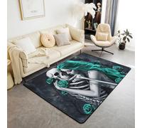 Homewish Halloween Decorations Gothic Set Sugar Skull Area Rugs 150x200cm - Turquoise Rose Modern Floor Carpet Romantic Lovers Flowers Goth Large Rugs Non Shedding Carpet