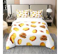 Homewish Hamburger 100% Cotton Duvet Cover,Fast Food Theme Bedding Set King,Delicious Food Bed Sets,French Fries Fried Chicken Nugget Comforter Cover With 2 Pillowcases for Kids Teens Comfy