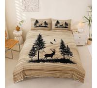 Homewish Happy Camping Double Duvet Cover Elk Deer Pineforest Camp Rustic Bedding Set for Kids Teens Adults Wooden Plank Pine Trees Reindeer Quilt Cover Farm House Camper Lodge Cabin Bed Sets