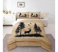 Homewish Happy Camping Single Duvet Set - Elk Deer Pineforest Camp Rustic Bedding Set Wooden Plank Pine Trees Reindeer Quilt Set - Farm House Camper Lodge Cabin Coverless Duvet with 1 Pillowcase