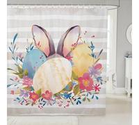 Homewish Happy Easter Cute Bunny Shower Curtain 72" W x 72" L - Easter Rabbit Ears Floral Waterproof Curtains Colorful Eggs Kawaii Animals Pattern Curtain,Garden Flowers Stripes Bathroom Accessories