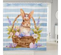 Homewish Happy Easter Shower Curtain 72" W x 72" L - Cute Bunny Eggs Floral Waterproof Bathroom Curtains Rabbit Animals Country Flowers Curtain,Blue Stripes Garden Pastoral Bathroom Accessories