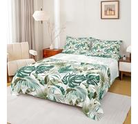 Homewish Hawaiian Tropical Bed Sheets Double Tree Green Plant Palm Leaves Sheet Set Jungle Botanical Bedding Set - Green Fitted Flat Sheets 4 Piece