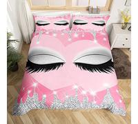 Homewish Hello Girls Duvet Cover Single Light Grey Eyelash Bedding Set Gray Glitter Sequins Comforter Cover Spark Pink Drips Quilt Cover Makeup Glam Girly Fashion Bedding 2Pcs With 1 Pillowcase