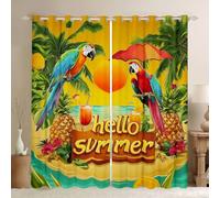 Homewish Hello Summer Window Curtains 52 x 63 Inch 2 Panel Sets - Parrots Blackout Curtains Pineapple Beach Palm Tree Floral Window Treatments Drapes Tropical Summer Theme Sunset for Bedroom