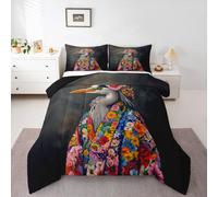Homewish Herons Duvet Set Double - Wreath Bedding Set Colorful Floral Daisy Portrait Style Quilt Set - Rose Flowers Wildlife Bird Coverless Duvet