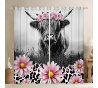 Homewish Highland Cow Blackout Curtains for Bedroom, Western Animals Window Curtains 2 panel Sets 46 x 72 Inch,Farm Longhorn Bull Cattle Pink Daisy Flowers Farmhouse Cowboy Window Treatments Drapes