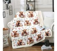 Homewish Highland Cow Blanket Throw 50"x60", Flowers Throw Blanket for Kids Girls, Kawaii Farmhouse Wild Animals Fleece Blanket, Spring Botanical Floral Leaves Bed Blanket, Brown Yellow