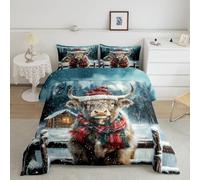 Homewish Highland Cow Coverless Duvet Single Winter Christmas Bedding Set For Kids Boys Girls Adults,Xmas Rustic Farm Animal Duvet Set Farmhouse Cabin Quilt Duvet Bedroom Decor 2 Pcs, Microfiber